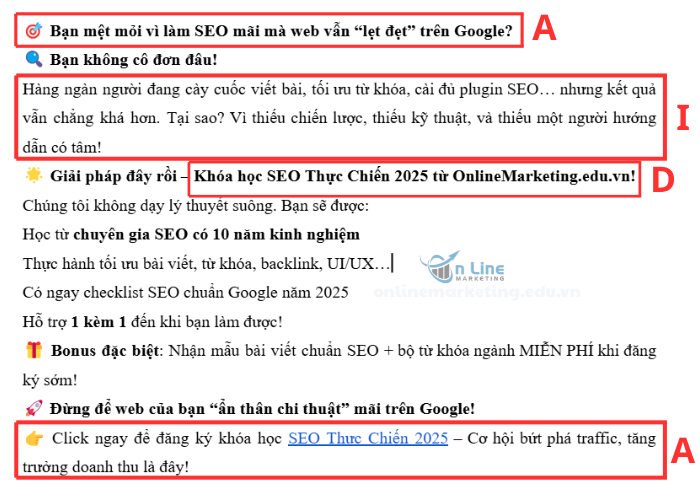 Ví dụ về mô hình AIDA áp dụng trong nội dung quảng cáo