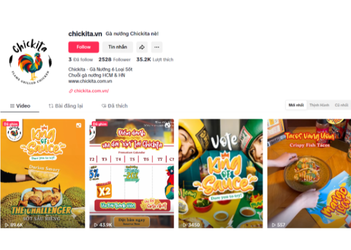 Ví dụ: Thương hiệu Chickita thường xuyên đăng video ngắn ghi lại khoảnh khắc nướng gà sốt cay sôi sùng sục, kết hợp nhạc nền trending và hiệu ứng slow-motion, tạo cảm giác "đã mắt" cho người xem trên TikTok